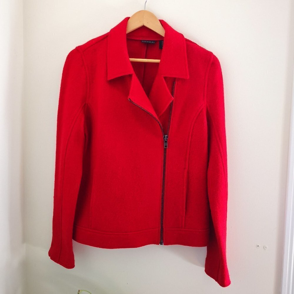 Tahari  Red‎ Wool Blend Long Sleeve Moto Style Zip Up Jacket Size M